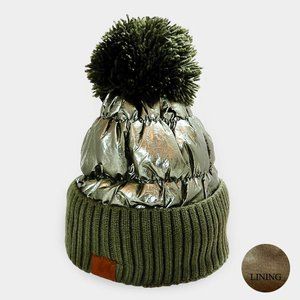 Green Puffer Knit Pom Pom Beanie Hat
